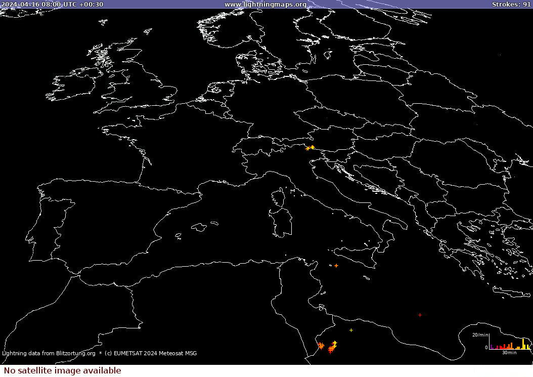 Mapa bleskov Sat: Europe Clouds + Rain 16.04.2024 (Animácia)