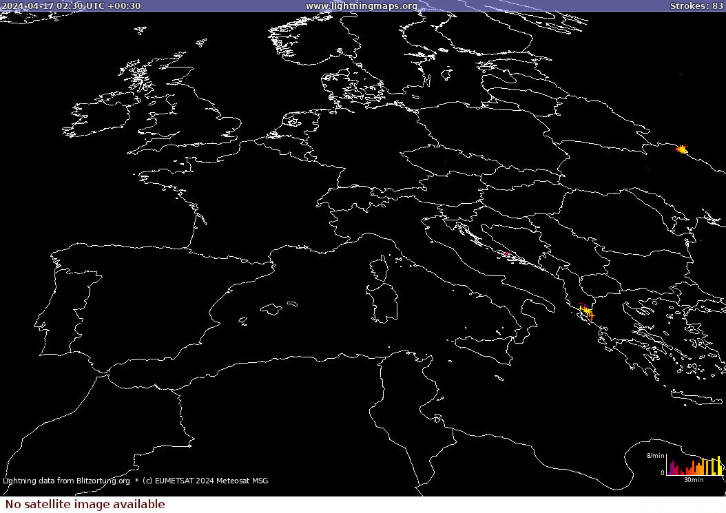 Carte de la foudre Sat: Europe Clouds + Rain 17/04/2024 (Animation)