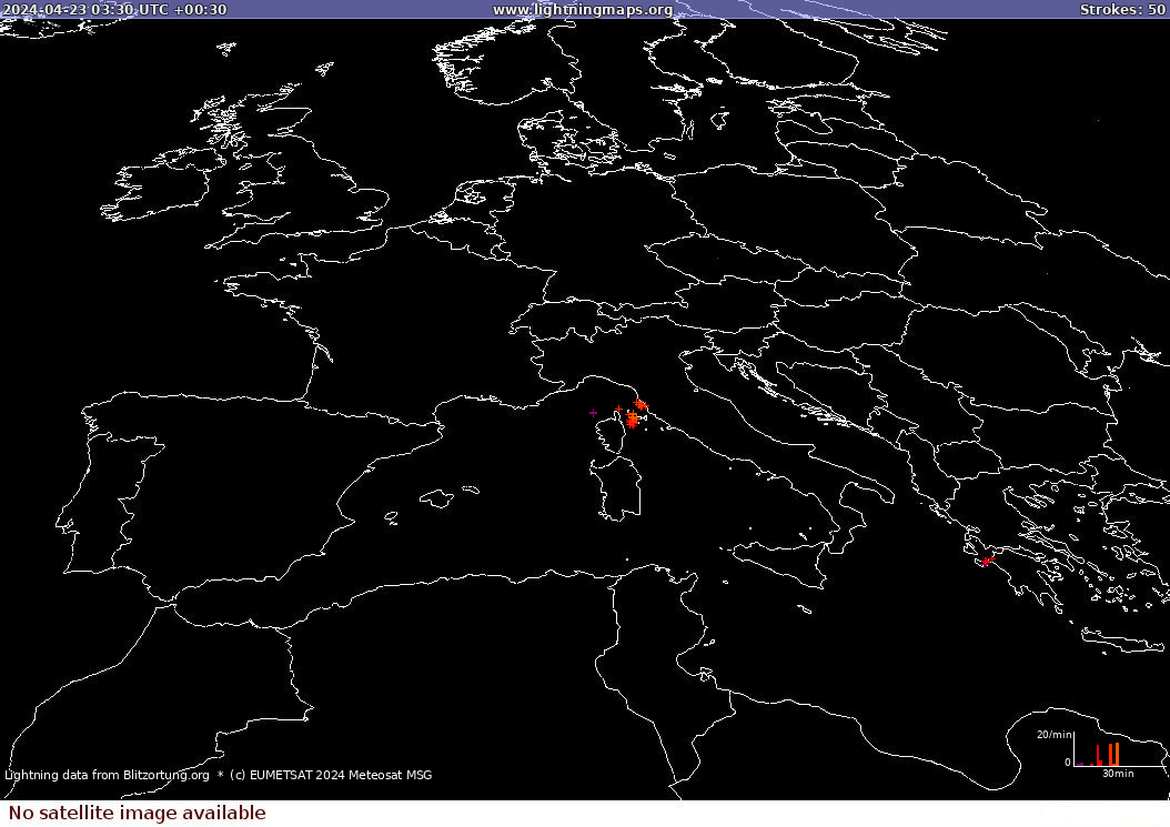 Blixtkarta Sat: Europe Clouds + Rain 2024-04-23 (Animering)