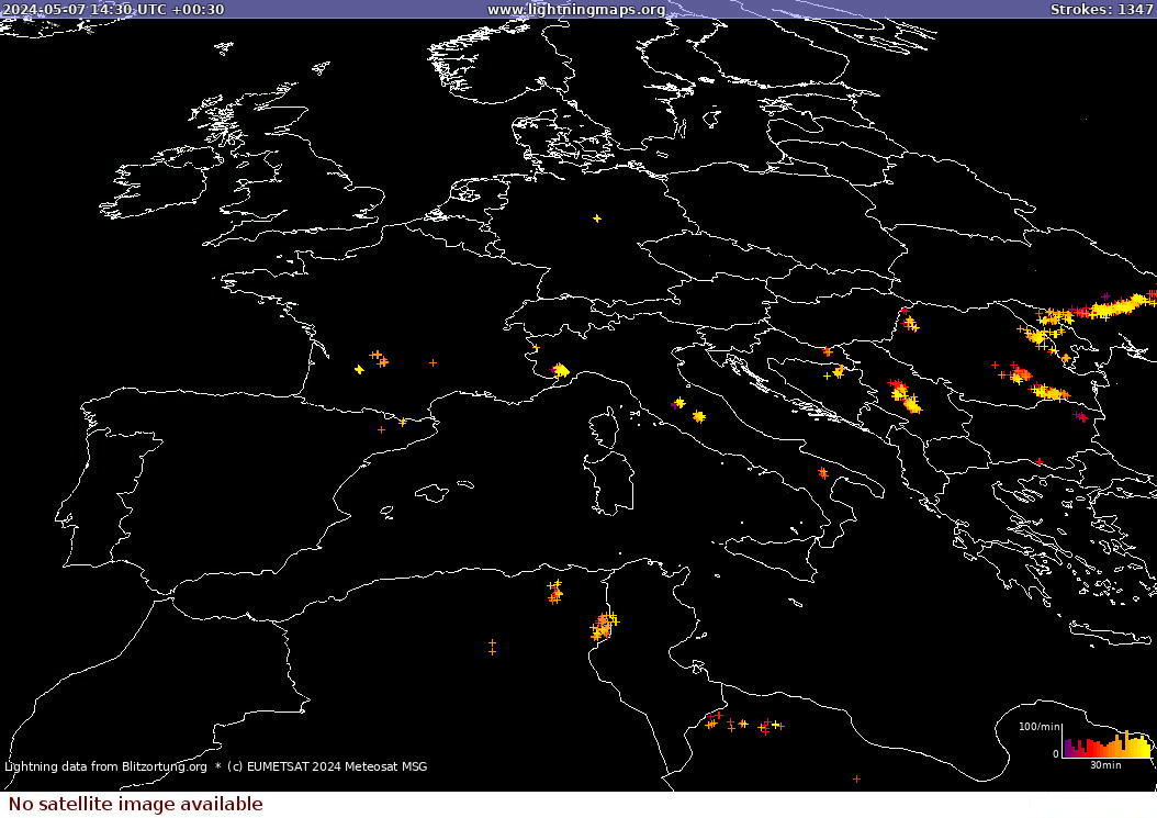 Lightning map Sat: Europe Clouds + Rain 2024-05-07 (Animation)