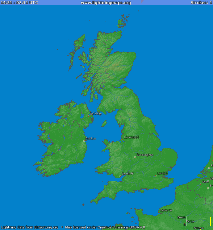 Mappa dei fulmini Inghilterra 25.05.2024 02:07:20 UTC