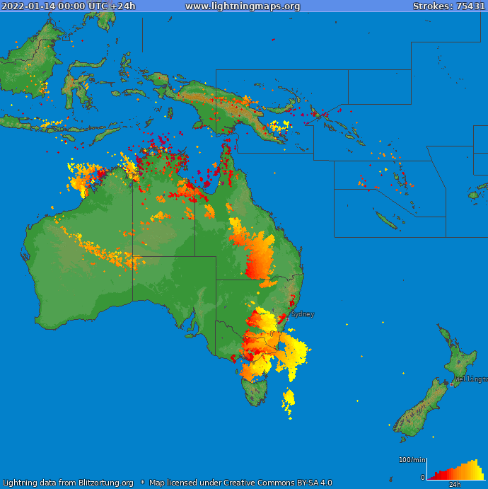 Mapa wyładowań Oceania 2022-01-14