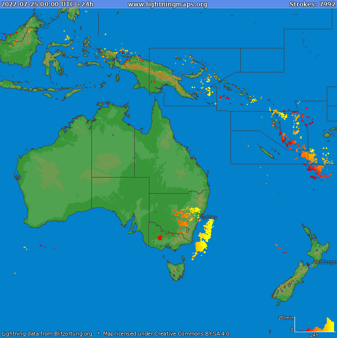 Mapa wyładowań Oceania 2022-07-25
