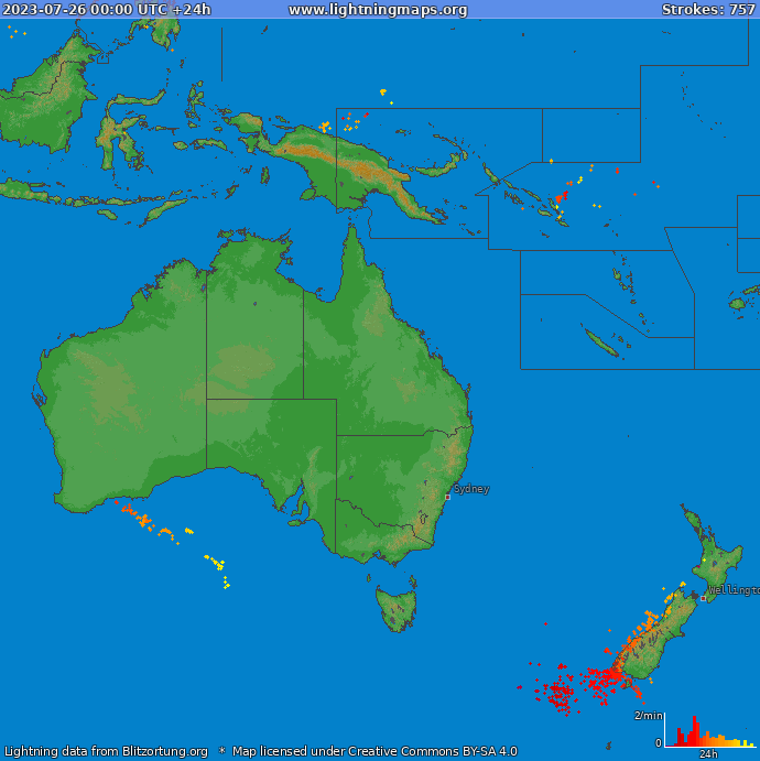 Mapa wyładowań Oceania 2023-07-26
