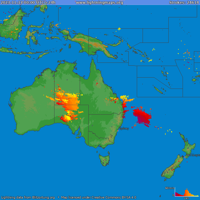 Mapa bleskov Oceania 17.11.2023