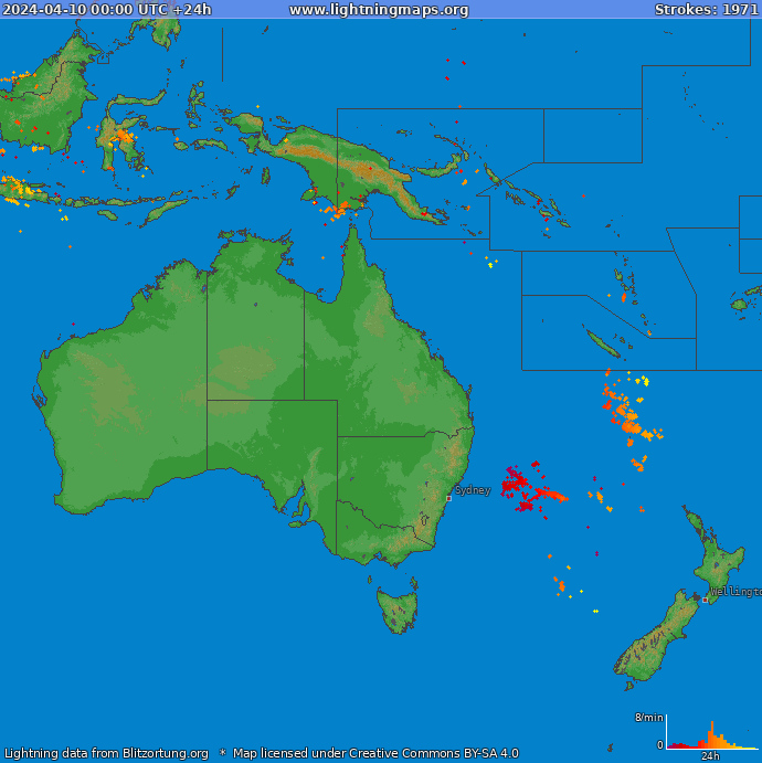Mapa bleskov Oceania 10.04.2024