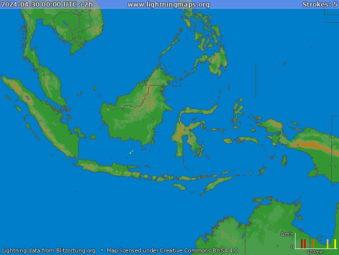 Mapa blesků Indonézie 30.04.2024 (Animace)