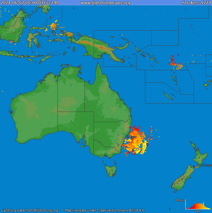 Mapa wyładowań Oceania 2024-06-07