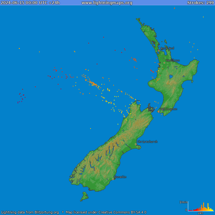 Mapa blesků Nový Zéland 15.06.2024