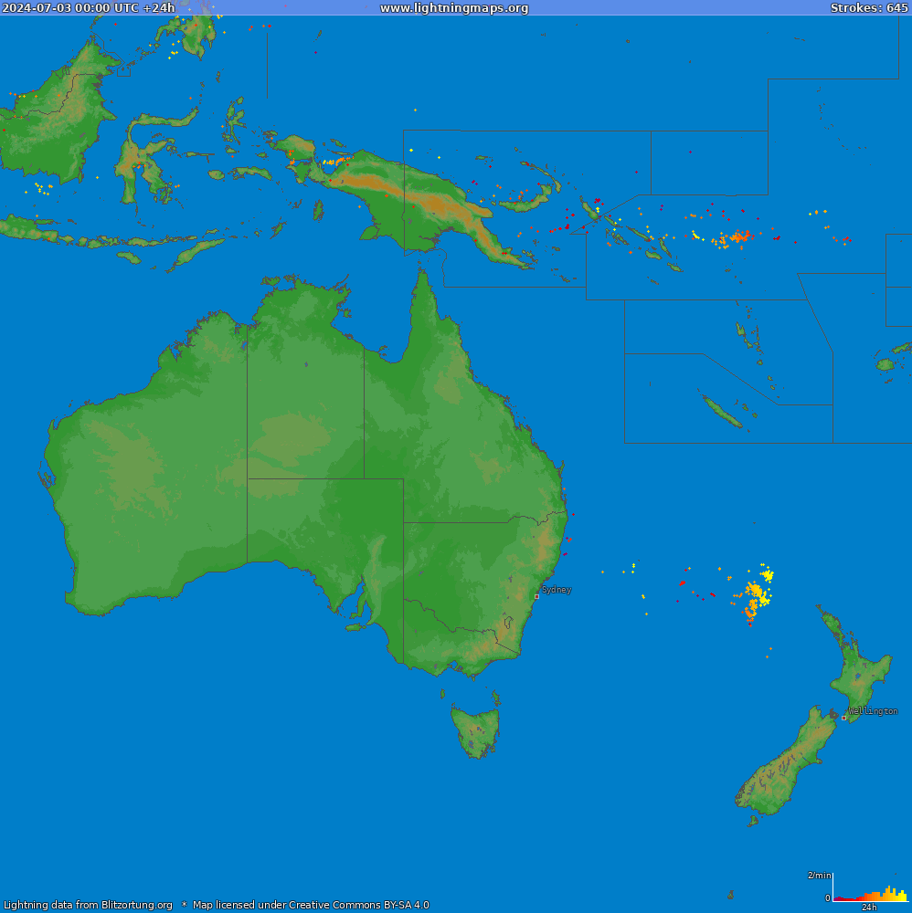 Bliksem kaart Oceania (Big) 03.07.2024