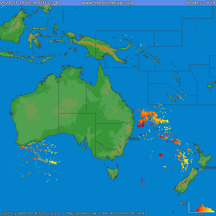 Mapa wyładowań Oceania 2024-07-18