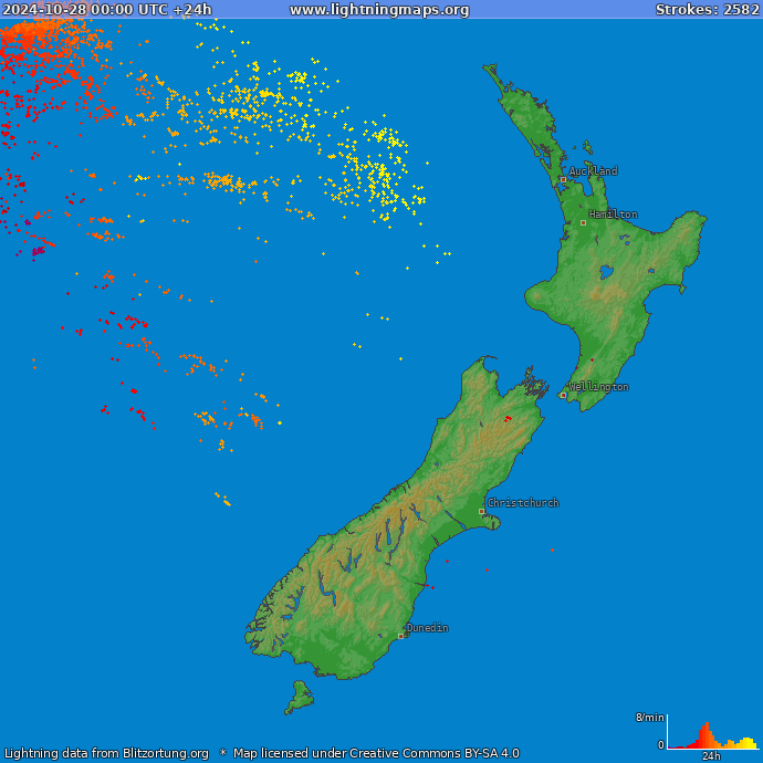 Mapa bleskov Nový Zéland 28.10.2024