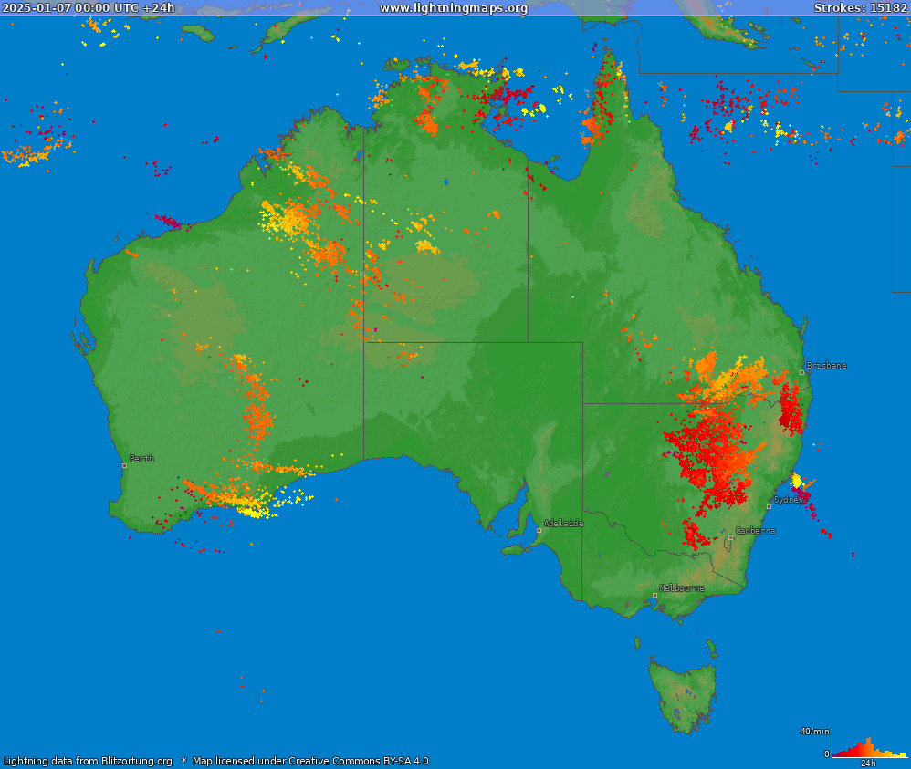 Bliksem kaart Australia (Big) 07.01.2025