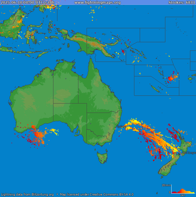 Bliksem kaart Oceania 10.06.2025