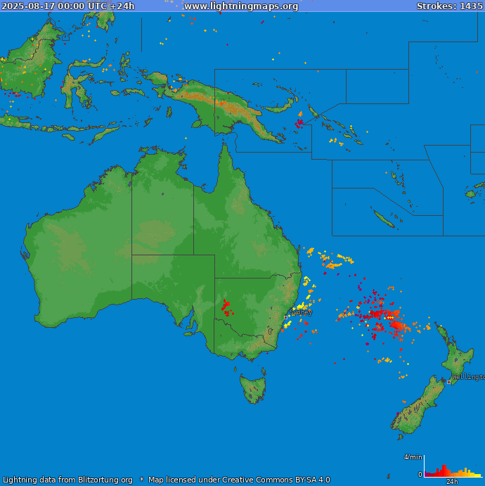 Lightning map Oceania 2025-08-17
