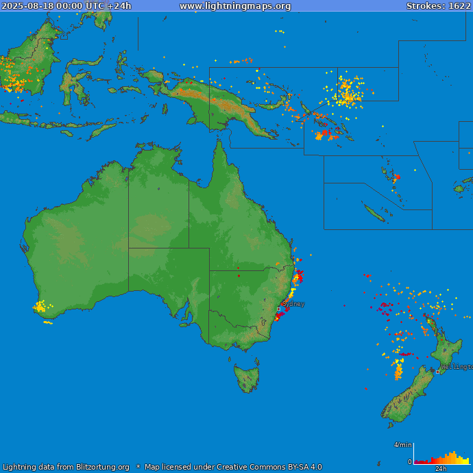 Lightning map Oceania 2025-08-18