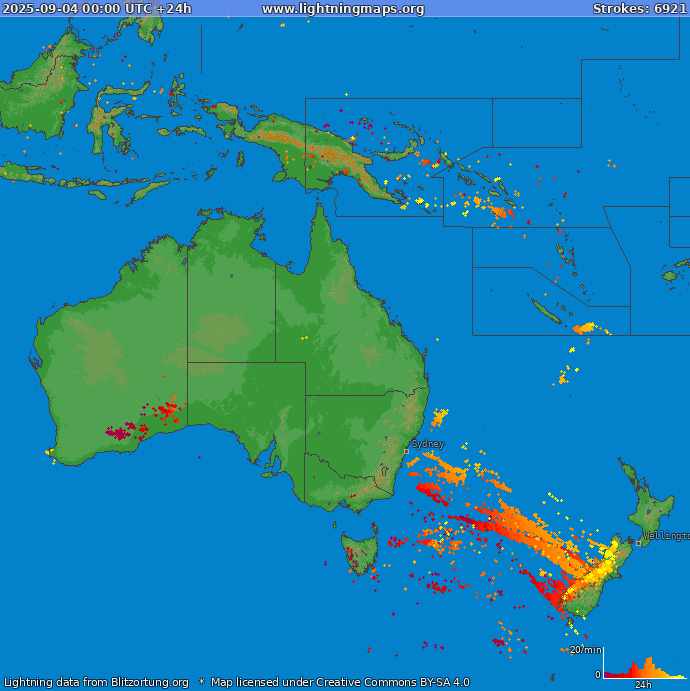 Mapa bleskov Oceania 04.09.2025