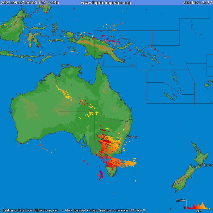 Mapa bleskov Oceania 07.09.2025