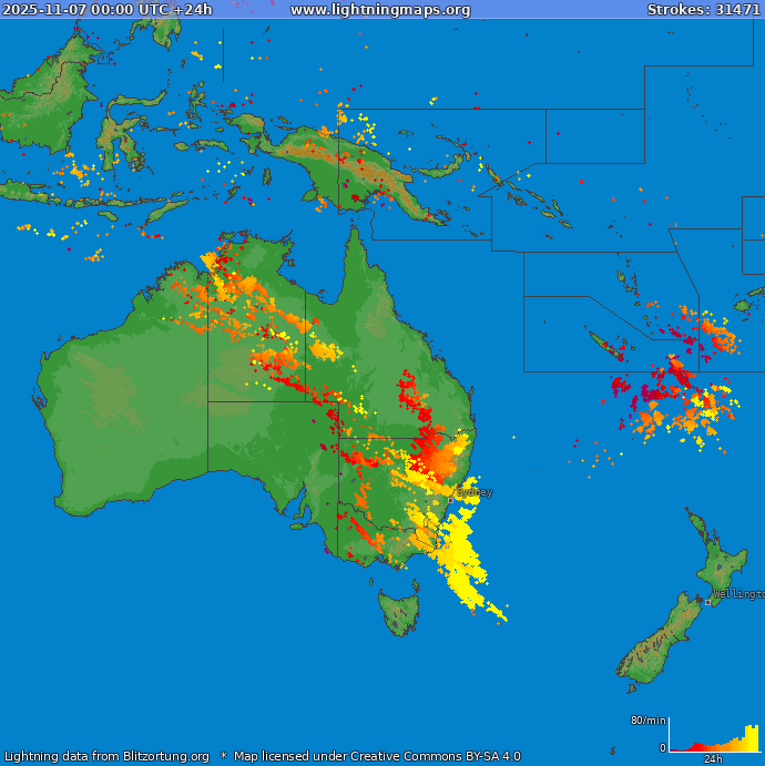 Mapa wyładowań Oceania 2025-11-07