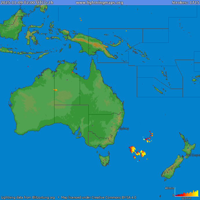 Bliksem kaart Oceania 09.11.2025 (Animatie)