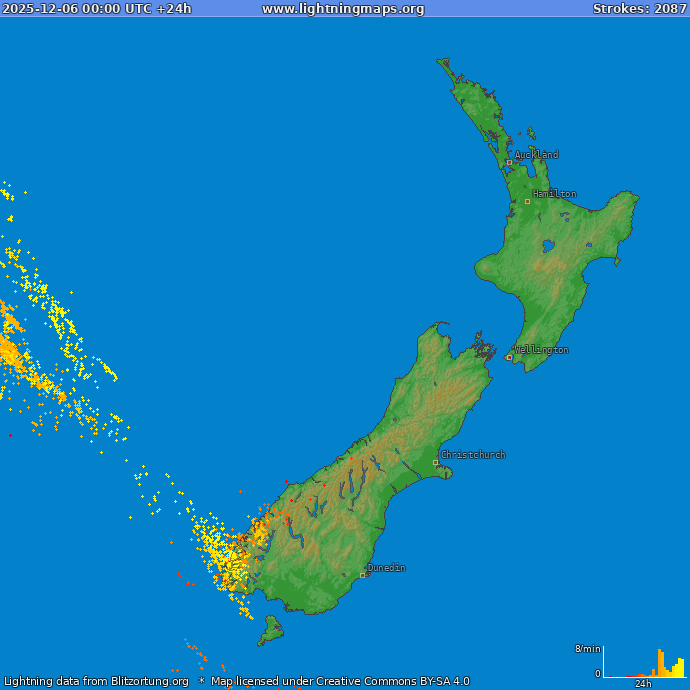 Lightning map New Zealand 2025-12-06