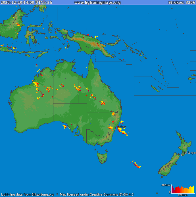 Mapa bleskov Oceania 10.12.2025 (Animácia)