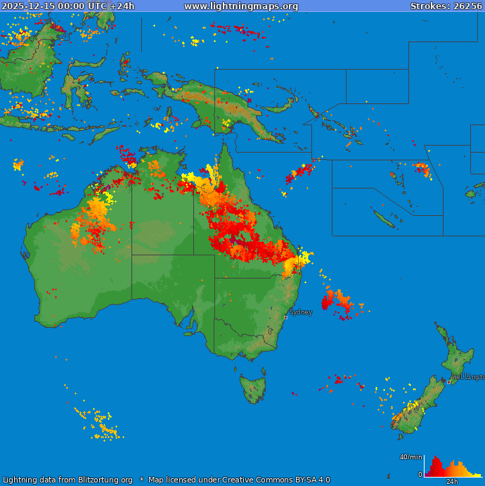 Mapa bleskov Oceania 15.12.2025