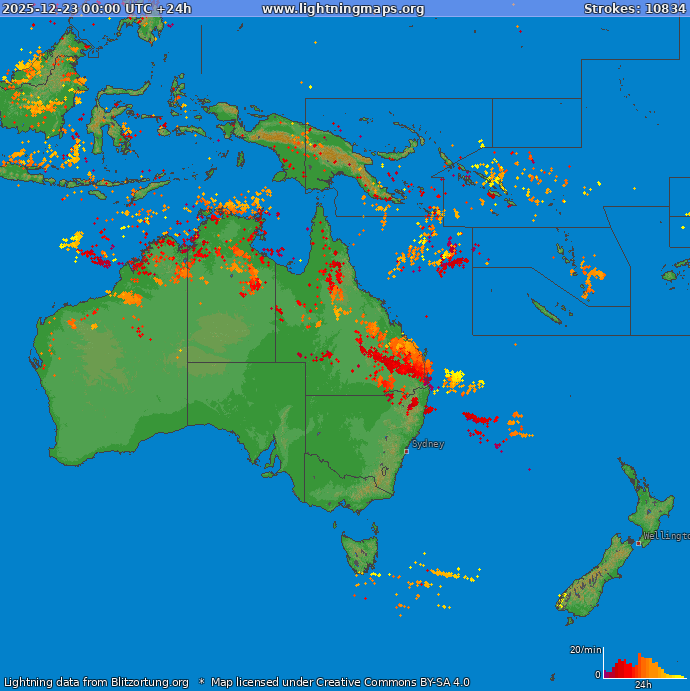Mapa wyładowań Oceania 2025-12-23