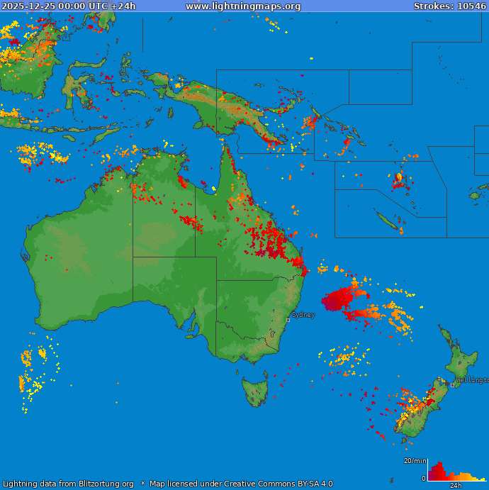 Lightning map Oceania 2025-12-25