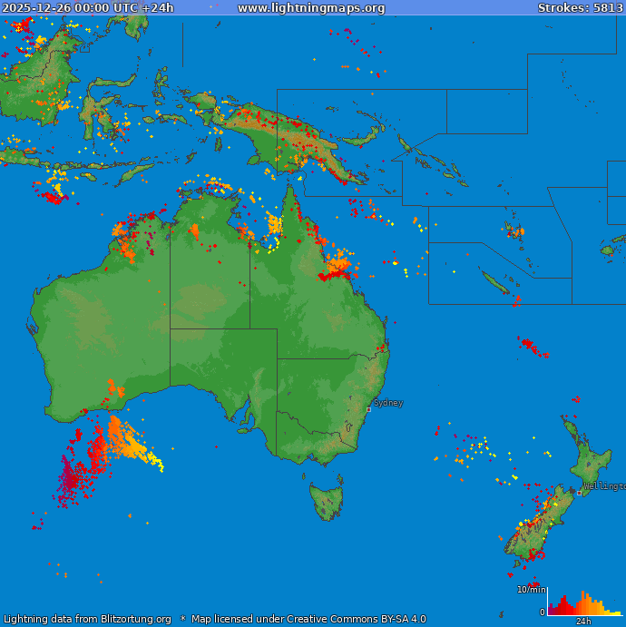 Mapa bleskov Oceania 26.12.2025