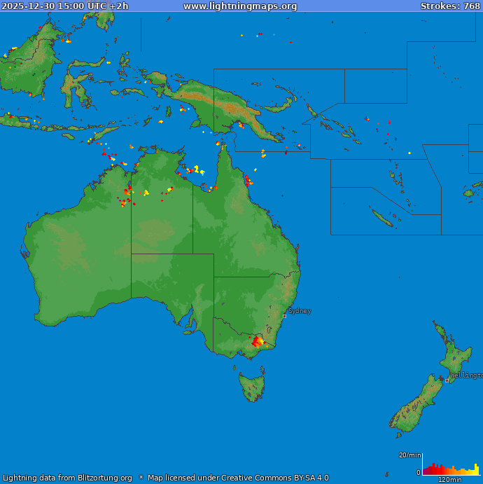 Mapa blesků Oceania 30.12.2025 (Animace)