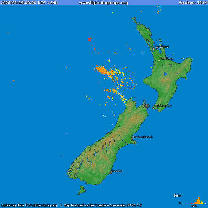 Carte de la foudre Nouvelle-Zélande 14/01/2026