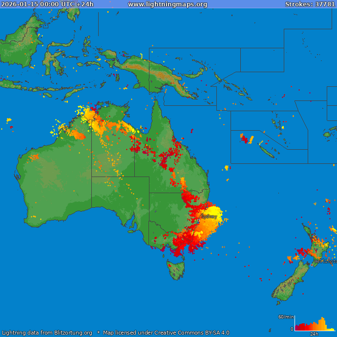 Mapa wyładowań Oceania 2026-01-15