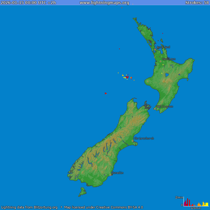 Lightning map New Zealand 2026-01-15 (Animation)