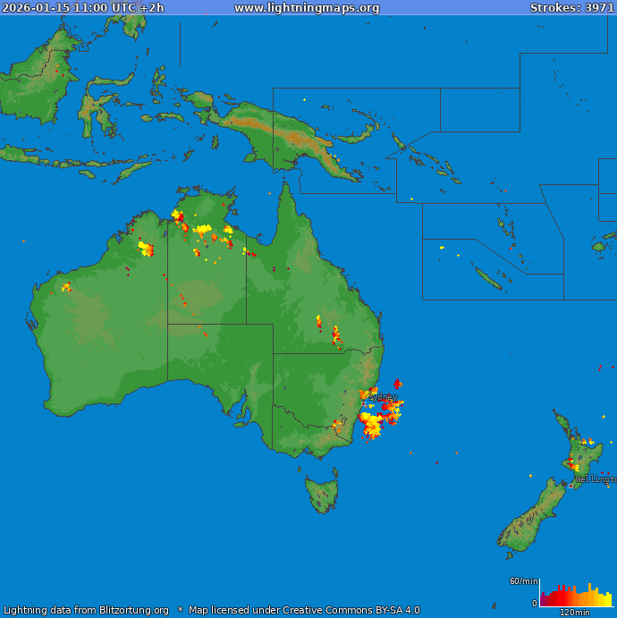 Mapa wyładowań Oceania 2026-01-15 (Animacja)