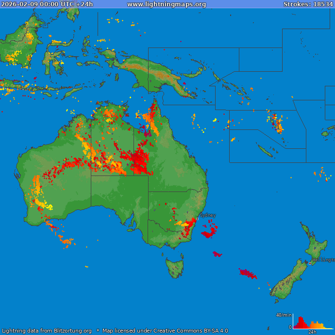 Mapa wyładowań Oceania 2026-02-09