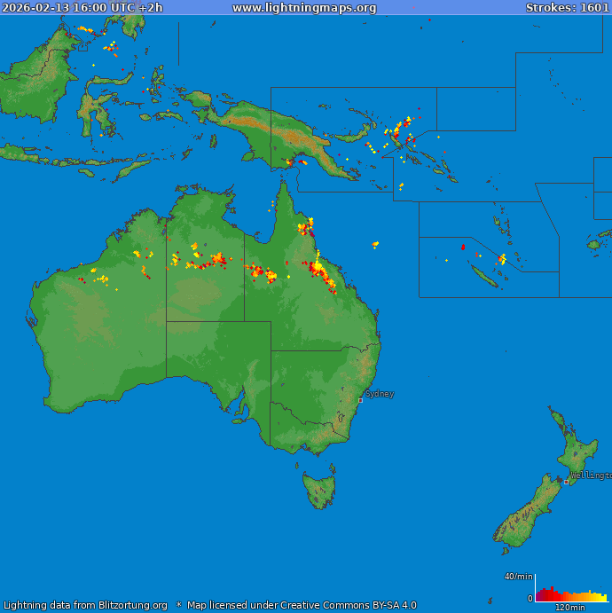 Mapa blesků Oceania 13.02.2026 (Animace)