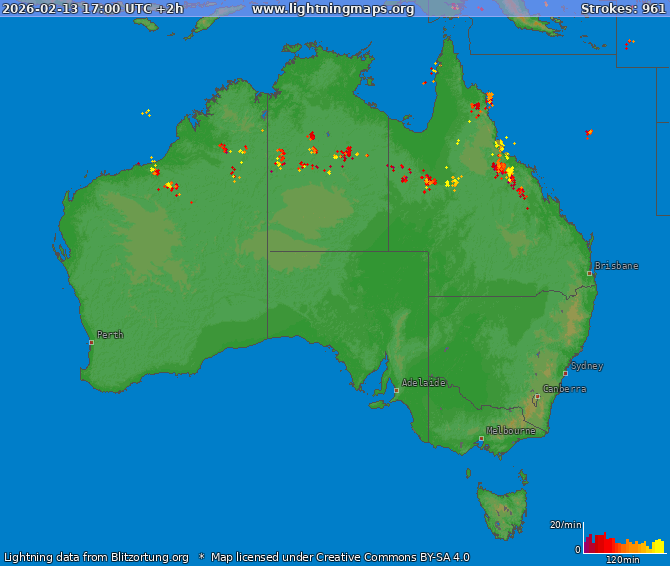 Mapa bleskov Australia 13.02.2026 (Animácia)