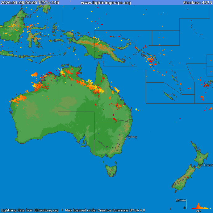Mapa bleskov Oceania 08.03.2026