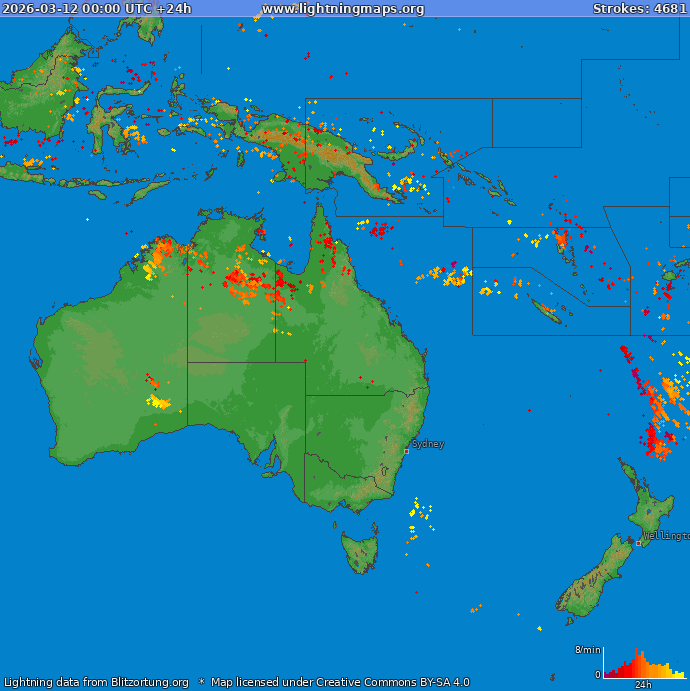 Bliksem kaart Oceania 12.03.2026