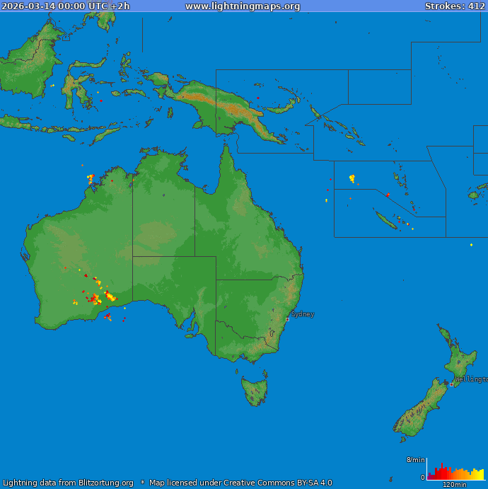 Lightning map Oceania 2026-03-14 (Animation)