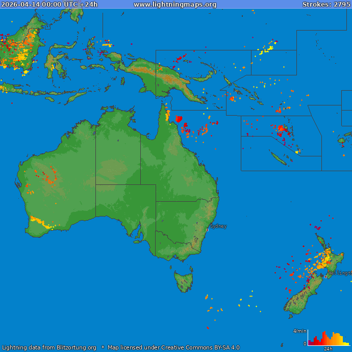 Mappa dei fulmini Oceania 14.04.2026