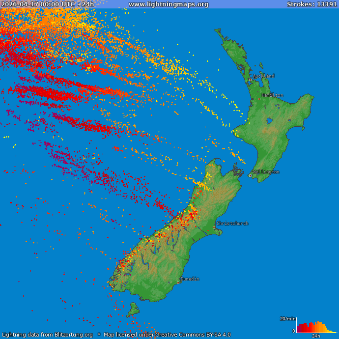 Zibens karte Jaunzēlande 2026.04.17