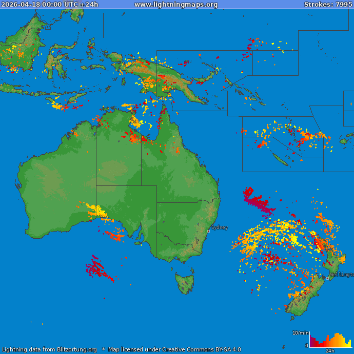 Mapa bleskov Oceania 18.04.2026