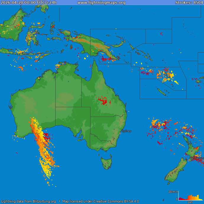 Mapa blesků Oceania 20.04.2026