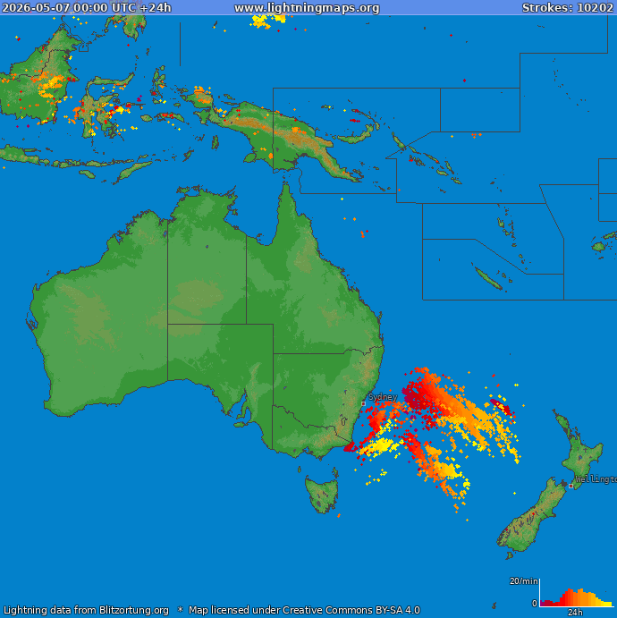 Mapa bleskov Oceania 07.05.2026