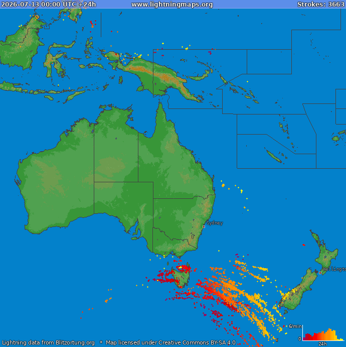 Mappa dei fulmini Oceania 13.07.2026