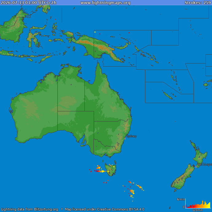 Mapa wyładowań Oceania 2026-07-13 (Animacja)