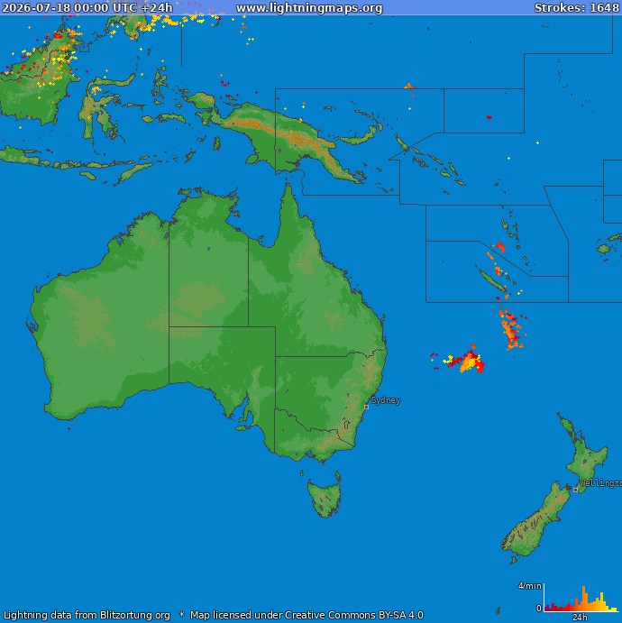 Mapa blesků Oceania 18.07.2026