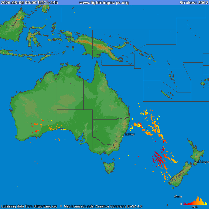 Mappa dei fulmini Oceania 06.08.2026